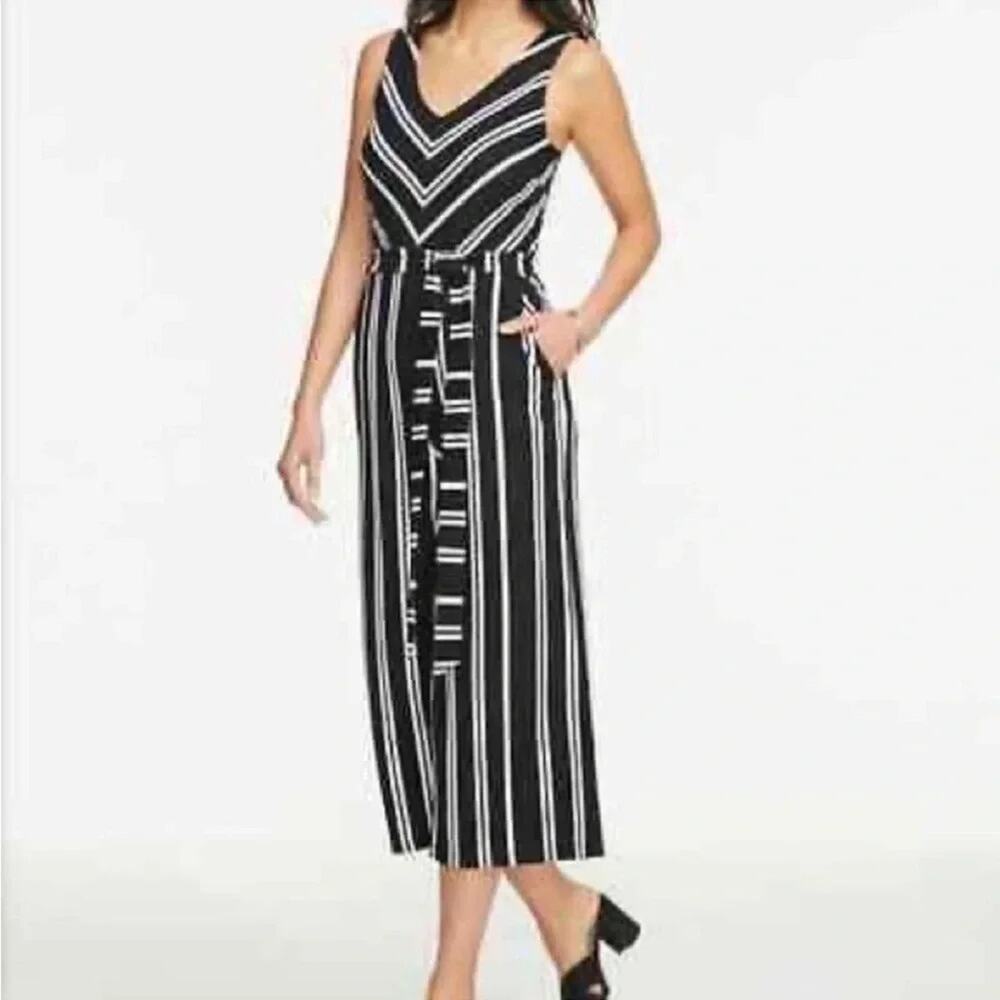 Ann Taylor Womens Jumpsuit Black & White striped evening business casual Plus Sz